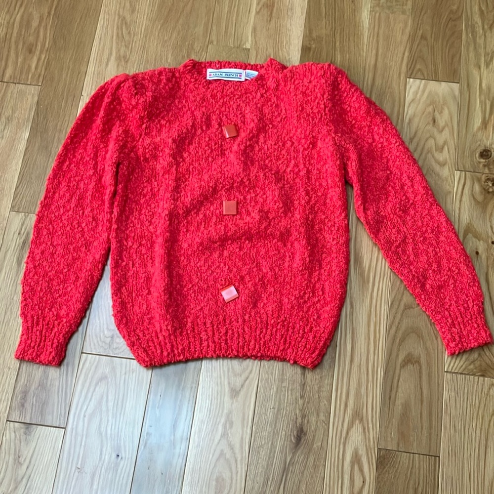 Vintage Textured Red Crew Neck Sweater puff sleeves buttons on front sz M